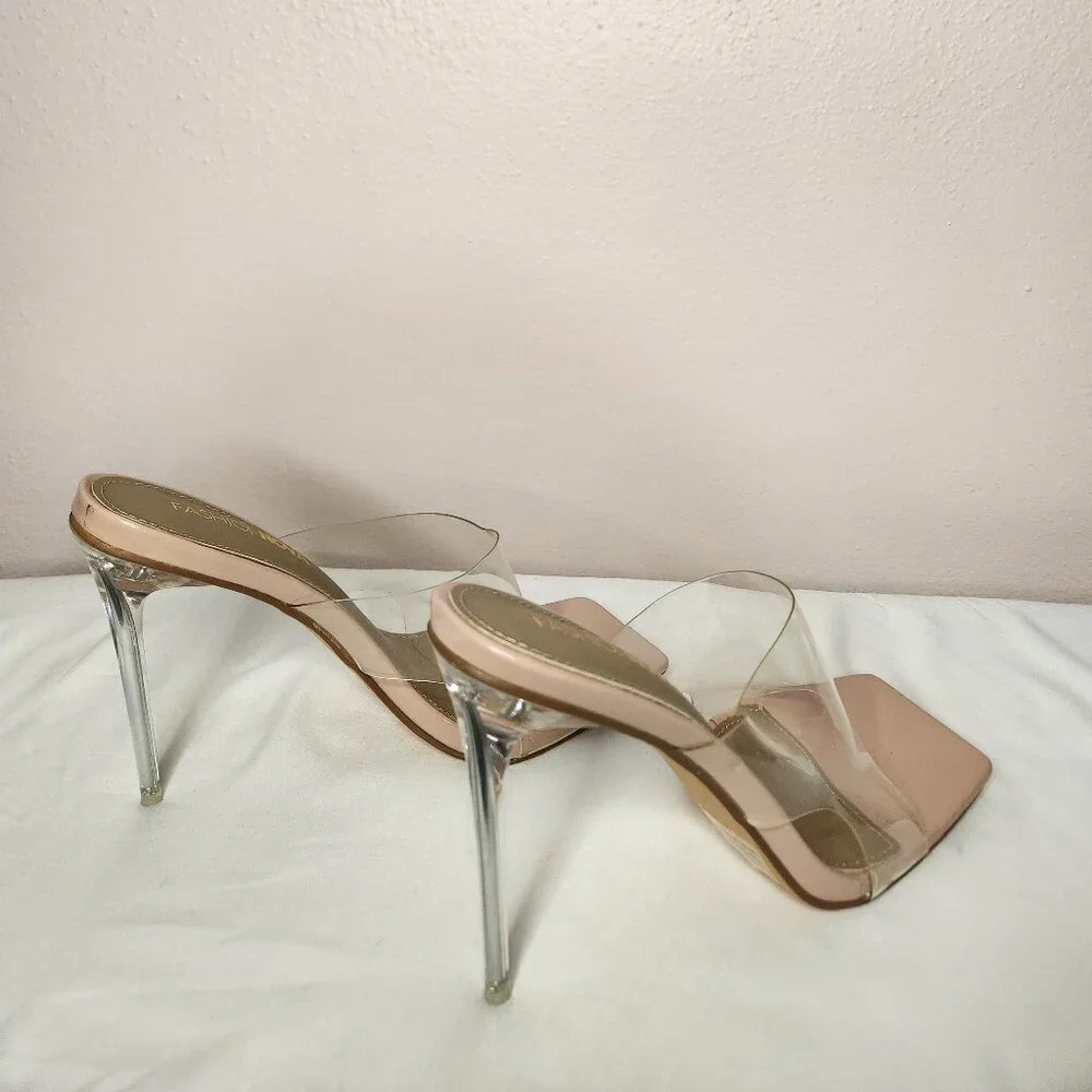 Fashion Nova Transparent Stiletto 4" Heels Beige Nude Bottoms Size 9 - Picture 4 of 9